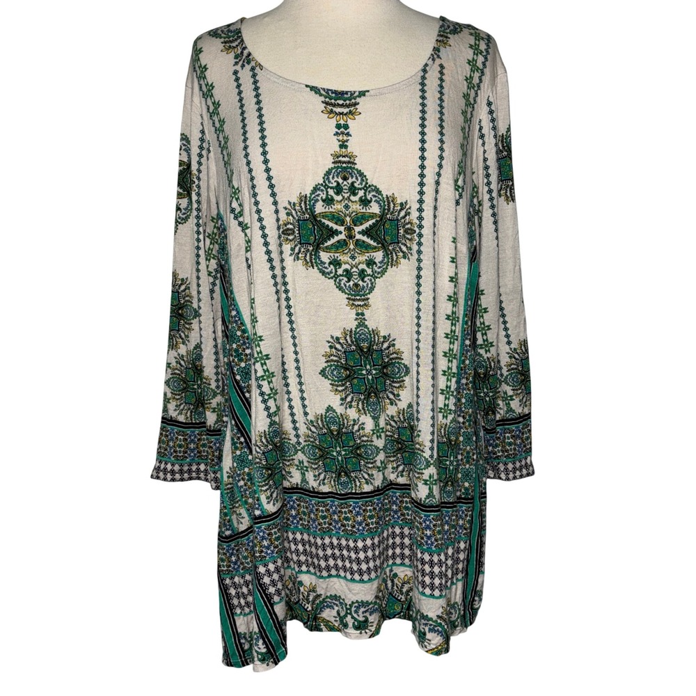 Rose + Olive Boho Geometric Print Stretch‎ Tunic Top Green Blue Beige Women's 1X